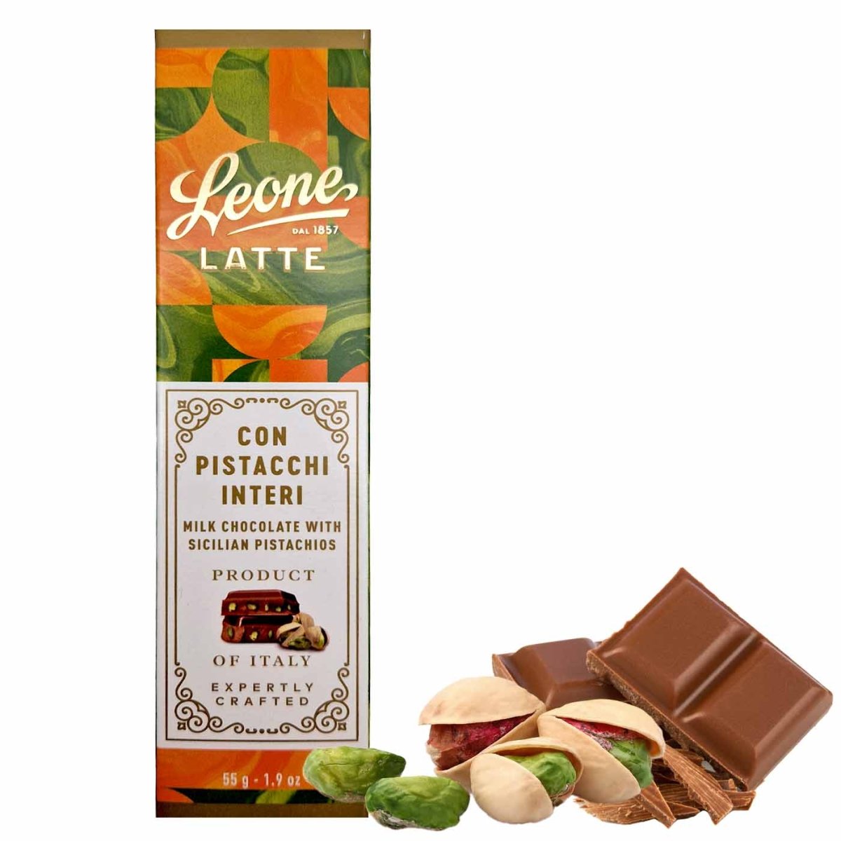 Leone Barretta al Cioccolato al Latte con Pistacchi Interi di Sicilia 55g - italienisch - einkaufen.de