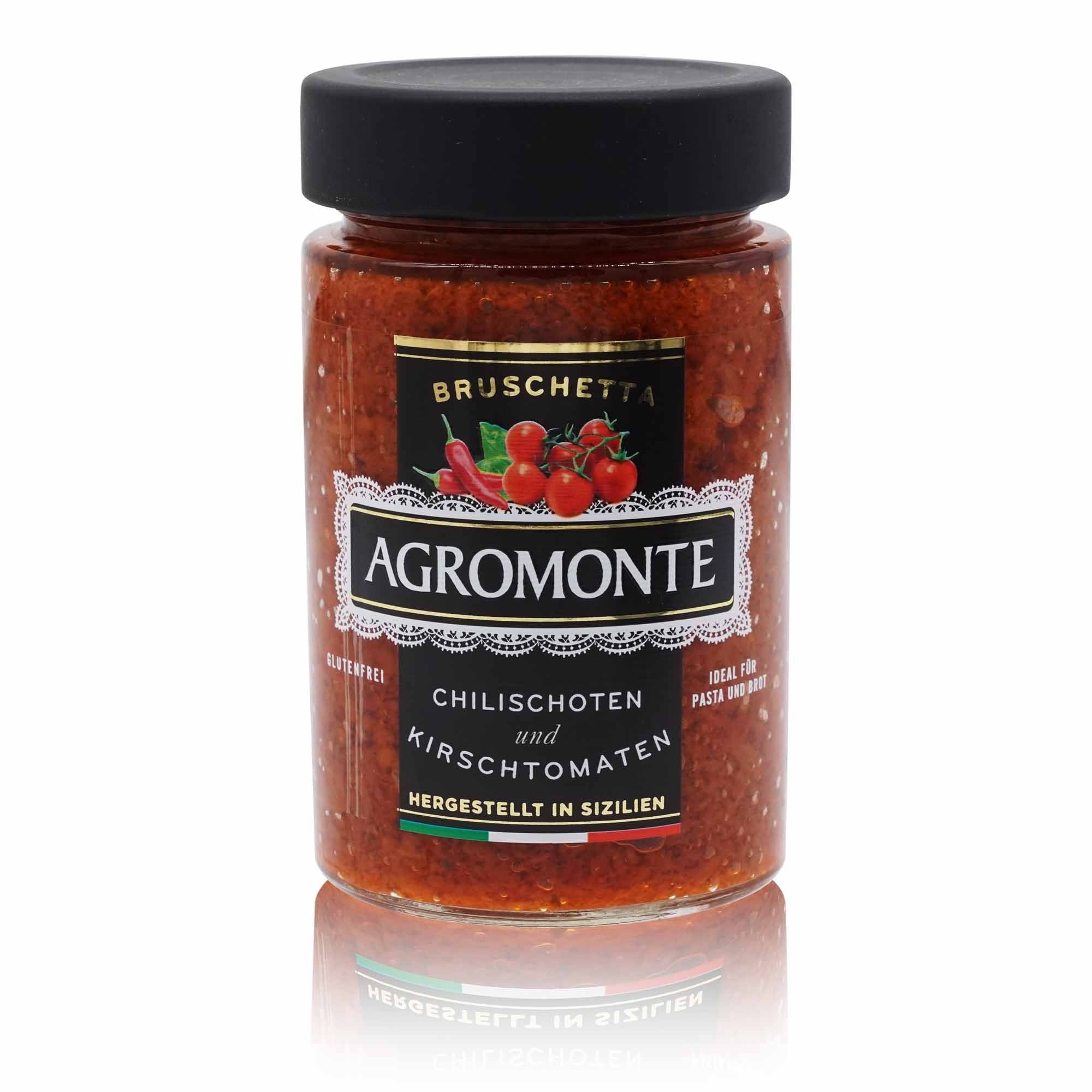 AGROMONTE Bruschetta pomodoro e peperoncino – Bruschetta Kirschtomaten und Chili scharf - 0,200kg