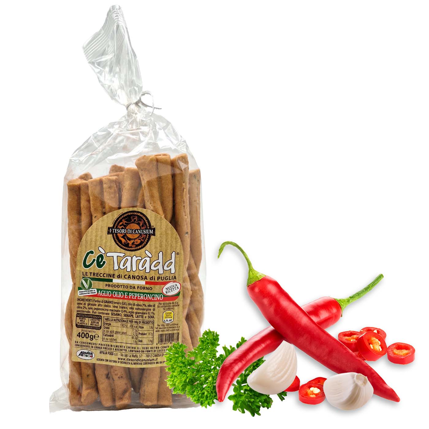 APULIA FOOD C'è Taràdd Treccine aglio olio e peperoncino-C'è Taràdd Stangen mit Knoblauch-Chili - 0,4kg
