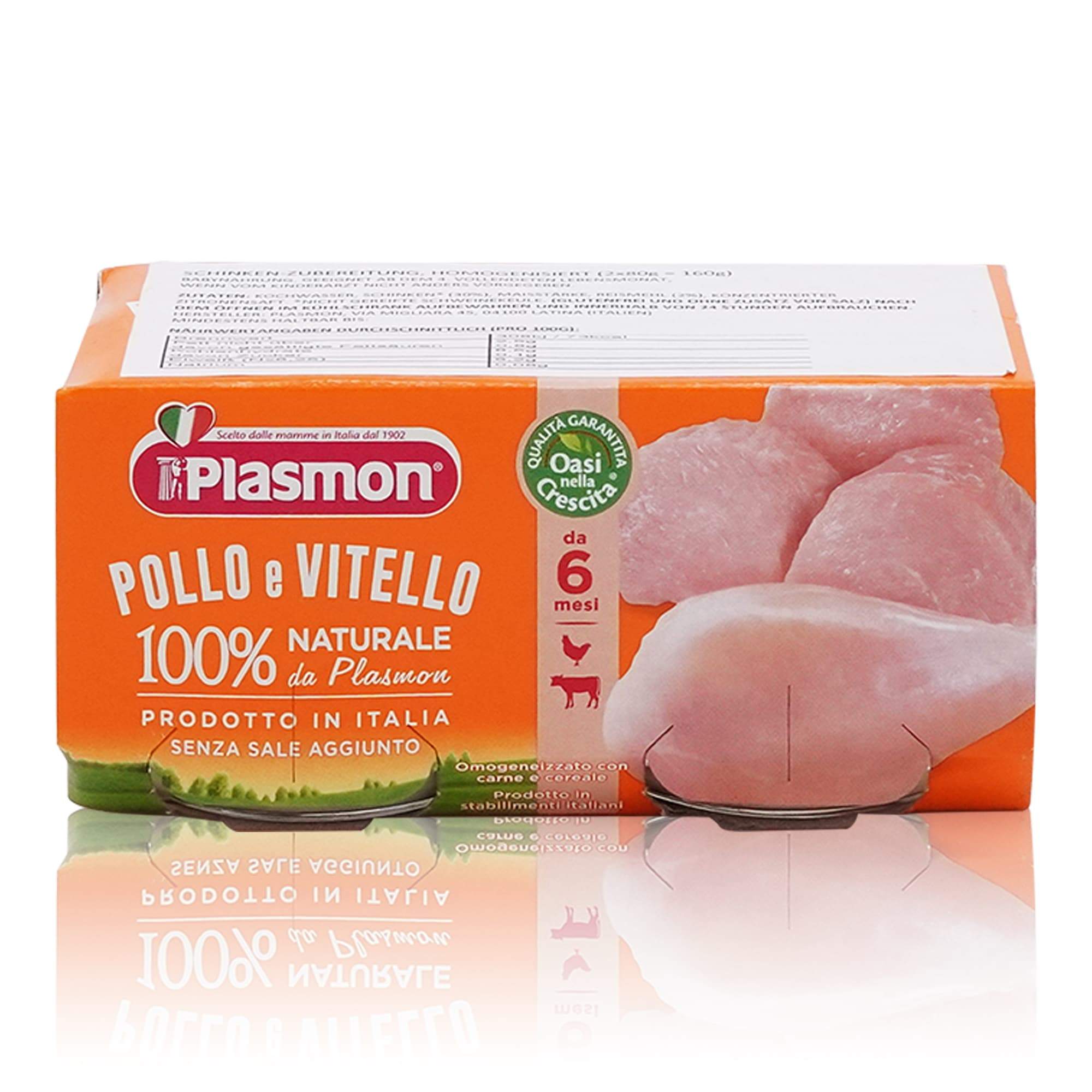 PLASMON Omogeneizzato Pollo e Vitello – Fleischgläschen Hühnchen und Kalb ab dem 4. Monat - 0,160kg - italienisch-einkaufen.de