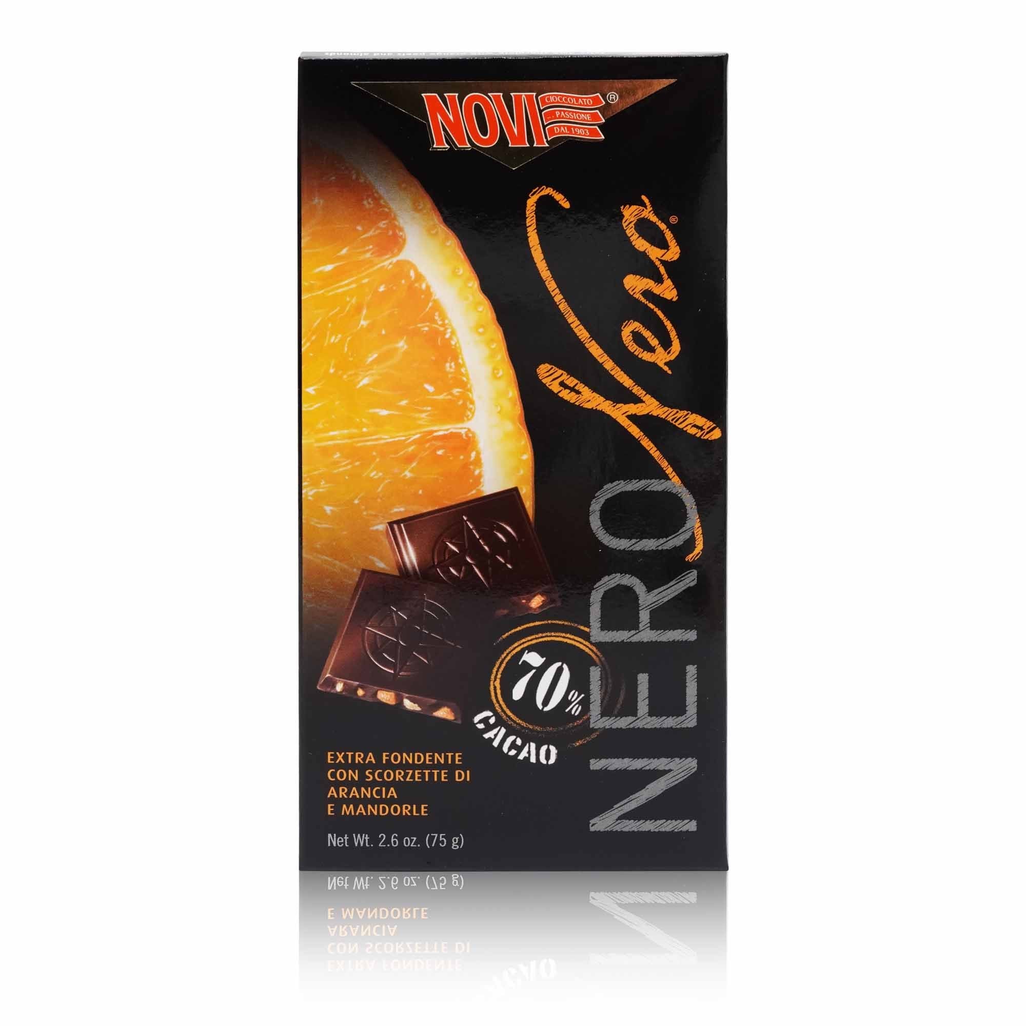 NOVI Nero Nero Fondente Arancia e Mandorle – Nero Zartbitterschokolade Orange – Mandeln - 0,075kg - italienisch-einkaufen.de